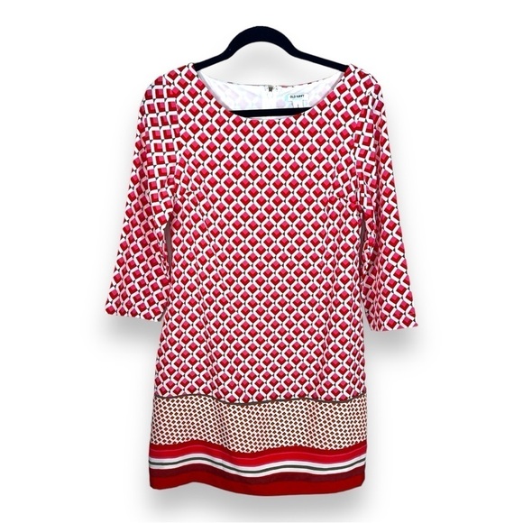 SMALL OLD NAVY RED WHITE PINK GEOMETRIC PRINT SHEATH DRESS LINED EVENT - Picture 1 of 10